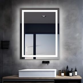 MIQU Bathroom Mirror 28 x 20 Inch with Double LED Lights, Touch 3 Color Dimmable, Anti-Fog, Backlit + Front Lit, Memory Function Wall Large Lighted Vanity Mirror for Bath, Restroom, Bedroom