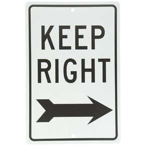 NMC TM27G علامة KEEP RIGHT - 12 بوصة × 18 بوصة. علامة أمان مرورية قياسية من الألومنيوم مع رسم سهم أسود، نص على قاعدة بيضاء، 12 × 18 بوصة