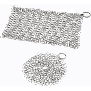 Cast Iron Skillet Cleaner Chainmail Srubber, 2 Pack Premium Stainless Steel Chain Maille Scrubber Metal Scrubber for Cast Iron Pans CS03 Skillet Wok Pot Glassware, 8"x 6" Rectangle & 5"x 5" Round