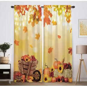 Funnytree Autumn Window Curtain Fall Pumpkins Thanksgiving Maple Leaves Harvest Home Farmhouse Decor Rod Pocket Darkening Drapes for Bedroom Living Room 82 in x 84 in