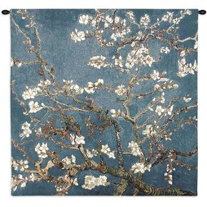 Blossoming Almond Tree by Vincent van Gogh | Woven Tapestry Wall Art Hanging | Contrasting Scenery with White Flowers | 100% Cotton USA Size 35x35