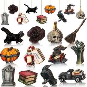 Maitys 36 Pcs Halloween Wood Ornaments for Tree Vintage Halloween Decorations Skull Cat Pumpkin Hanging Signs Witch Hat Halloween Wood Cutouts Gothic Halloween Decor for Home Christmas Tree in Kuwait