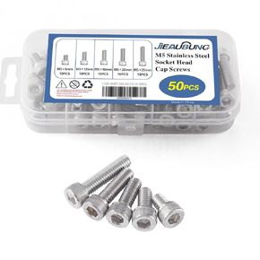 M5 x 8mm 12mm 16mm 20mm 25mm Metric Hex Socket Head Cap Screws，304 Stainless Steel，Fully Threaded，Bright Finish，Replacement Fastener Screws，Allen Hex Drive，Assortment Kit 50PCS