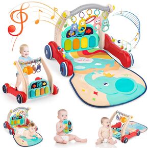 Baby Play Mat Baby Gym, Pakoo 2 in 1 Baby Walker Tummy Time Baby Activity Mat with 5 Infant Sensory Baby Toys, Music and Lights Baby Floor Play Mat as Birthday Christmas Gift for Baby and Toddler