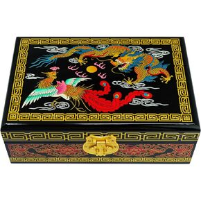 Fengshuibringluck Traditional Jewelry Box Dragon Phoenix Wood Jewelry Organizer Mother's Day gift Double Layer Small Bracelet Holder Ring Case Earring Display (Dragon ＆ Phoenix)