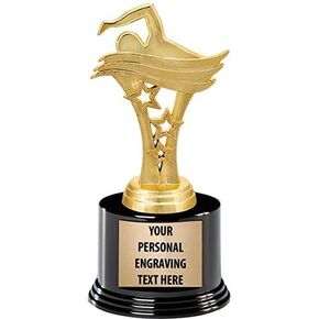 Crown Awards Swim Trophies with Custom Engraving, 7.25" Personalized Gold Star Swimmer Award Trophy On Deluxe Round Base Prime