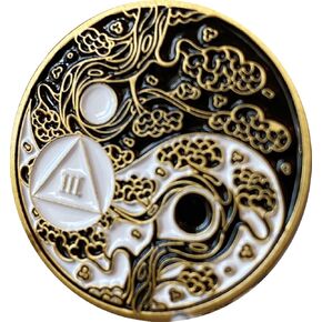 RecoveryChip 3 Year AA Medallion Sakura Tree Cherry Blossom Ying Yang Black and White Serenity Prayer Medallion