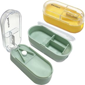 2 Pack Pill Cutter for Small or Large Pills, Portable Pill Splitter 2-in-1 Pill Case with Stainless Steel Blade, Cuts Pills, Vitamins, Tablets
