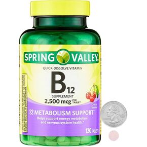 Spring Valley Vitamin B12 Quick-Dissolve Tablets Dietary Supplement, 2,500 Mcg, Cherry, for Women and Men 120 Count