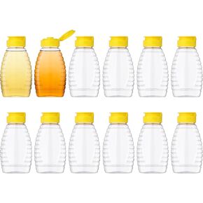RONRONS 12 PCS Clear Plastic Honey Bottles, 6.4oz Squeeze Honey Containers, Refillable Honey Jar Dispenser, Empty Condiment Squeeze Bottles for Ketchup, Maple Syrup, Sauces