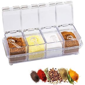 Seasoning Box Set, 4 Piece Clear Acrylic Spice Pots, Jars Condiment Containers with Cover and Spoon Seasoning Rack Storage Container Kitchen Cooking Organizer Tools for Spice Salt Sugar Cruet