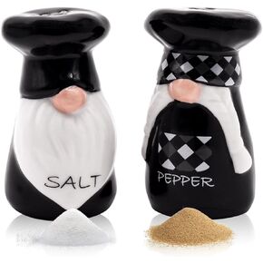 Salt and Pepper Shakers Set Handmade Ceramic Gnome Novelty Shaker Set of 2 Gifts for Kitchen Dining Room Home Decor Housewarming Gift Box Packed Gnomes (black)