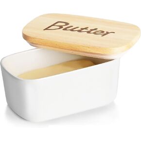Ceramics Butter Dish with Wooden Lid- Large Covered Butter Holder for Countertop, Butter Keeper Container Perfect for Holds 2X 4oz West/East Coast Butter, White in Saudi Arabia