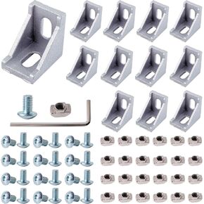 12Sets 2020 Corner Bracket Gusset + 25pcs M5 Screw + 25pcs M5 T-nut, Angle Connector for 2020 Series 6mm Slot Aluminum Extrusion Profile (2020-Silver)