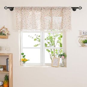 Floral Linen Valance Curtains Vintage Flower Kitchen Window Curtain Valances with Tassels Rod Pocket Light Filtering Valance for Living Room Bedroom, 1 Panel, 54 x 16 Inch