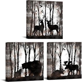 RnnJoile 3 Piece Vintage Wall Art Canvas Deer Moose Elk Bear in Wild Forest Painting Prints Animal Picture Poster Artwork for Farmhouse Cabin Lodge Decor Framed Ready To Hang 12x12 In