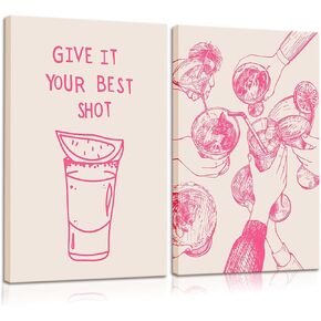 Pink Bar Cart Wall Art Trendy Retro Cocktail Cheer Poster Print Give It Your Best Shot Picture Preppy Pink Canvas Wall Decor Alcoholic Beverage Print Painting Artwork Apartment Dorm 16x24 Inch