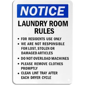 Laundry Room Rules Sign,“Resident Use, Not Responsible For Damage, Remove Promptly, Clean Lint" Notice Sign, 40 mil Laminated Rustproof Aluminum,Waterproof,10 X 14 inch