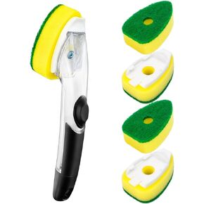 HELIME Soap Control Dishwand Handle with Refills, 5 Heavy Duty Replacement Sponge Heads Set, Non Scratch Dishwashing Scrub Dispensing Brush Pads, Soap Dispenser Scrubbers, Kitchen Sink Dishwash Tool