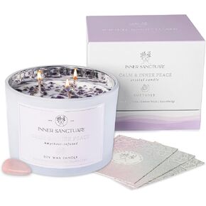 Amethyst Crystal Candle Incl. Rose Quartz Meditation Crystal & Affirmation Cards - Healing Candle with Crystals Inside | Manifestation Candle | Aromatherapy Candle | Spiritual Gifts for Women