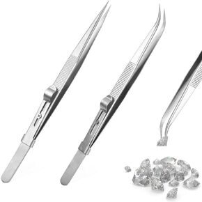 2 Pack Stainless Steel Slide Locking Tweezers set,Making Crafting Jewelry Tweezers,Anti-Static Precision Tweezers for Electronics Component,Soldering,Watch Repair,Build Models (A-Silver)
