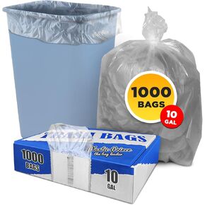 (1000 Pack) 10 Gallon Clear Trash Bags, 8 Mic, High-Density, Fits Round and Square 7-10 gal Trash Cans, 24" x 24" Garbage Can Liners