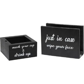 Elegant Designs HG2023-BLK Pantry Picks Modern Wood Portable Kitchen Caddy "Just in case,wipe your face" Napkin Holder & "Mark your cup & drink up" Cup Holder Set for Events,Catering,BBQ,Bar, BLK/WHT