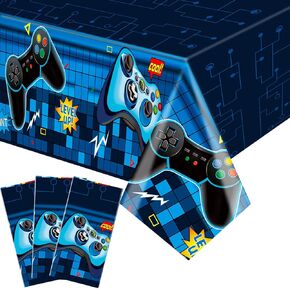 3 Pcs Video Game Table Cover - 108'' x 54'' Gaming Birthday Party Decorations Tablecloth for Boys Gamer Birthday Decoration Disposable Plastic Table Cloth for for Kids Player Geek Game Themed Party