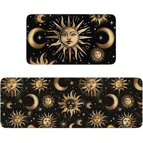Gothic Kitchen Rugs and Mats Set of 2, Gold Moon Phase Witch Kitchen Rug for in Front of Sink Washable Non-Slip, Goth Halloween Kitchen Decor, Goth Mat with Rubber Backing - 17x30 and 17x47 Inch