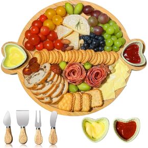 Charcuterie Boards Gift Set,Bamboo Cheese Board,12 Inch Large Round Charcuterie Board,House Warming Gift for New Home,Wedding Gift Cheese Tray Platter with 2 Bowls and 4 Knives