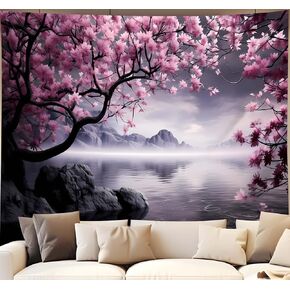 QGHOT Japanese Tapestry Wall Hanging, Asian Cherry Blossom Tapestry Mountain Landscape Calming Lake Ocean Backdrop Nature Tapestries for Bedroom Aesthetic Living Room Wall Art Decor 60x50in