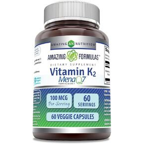 Amazing Formulas Vitamin K2 Menaq7 MK7 100Mcg Veggie Capsules Supplement | Non-GMO | Gluten Free | Made in USA | Suitable for Vegetarians (120 Count)