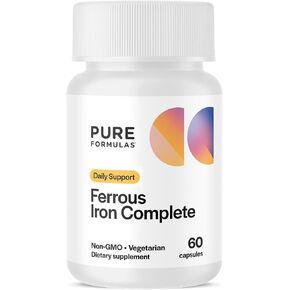 PureFormulas Ferrous Iron Complete: Advanced Iron Supplement Bisglycinate Formula Including Ferrochel for Enhanced Absorption Healthy Hemoglobin & Red Blood Cells Without GI Side Effects - 60 Capsules