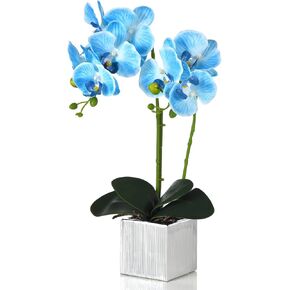 Artificial Potted Orchid Faux Phalaenopsis Silk Flowers Bonsai Realistic Arrangement in Silver Vase for Home Decoration Table Centerpiece, Orange
