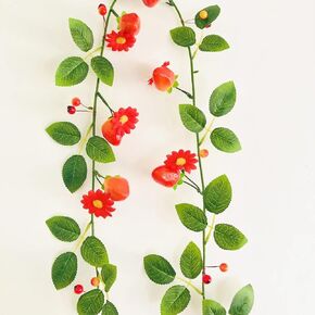 2pcs Artificial Flowers Garland Red Strawberry Garland Fake Flower Daisy Green Leaves Vine Greenery Decorative Wall Hanging Plant for Wedding Arch Door Arrangement Party Decor (White)