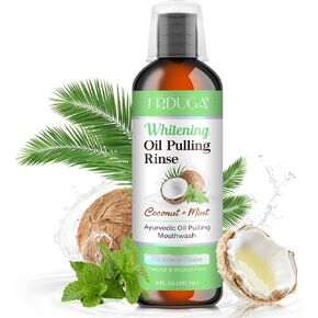 Pulling Oil for Teeth with Natural Coconut&Peppermint Essential Oils and Vitamin D, E, Alcohol Free Mouthwash，Helps with Fresh Breath, Teeth Whitening, Gum Health- with Tongue Scraper, (8 Fl. Oz) (1)