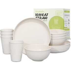 12pcs Wheat Straw Dinnerware Sets for 4, Kitchen Unbreakable Plates and Bowls Sets for College Dorm Apartment Resuable Beige