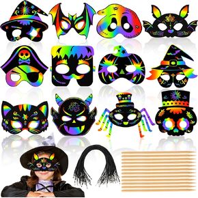 AUGSUN Halloween Mask Crafts, 42pcs Halloween Rainbow Scratch Masks Crafts for Kids Magic Scratch Paper Art Mask for Halloween Party