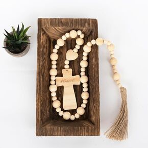 Wood Bead Garland with Blessed Cross, Blessing Beads with Wooden Cross, Beaded Cross for Farmhouse Decor
