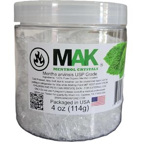 MAK Menthol Crystals 4 oz - Pure Organic 100% Natural - Menthol Crystals from Mint Crystal Mints Mentha Arvensis - Comes in a Jar for Long-Lasting Freshness
