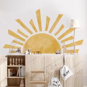 Watercolor Boho Sun Wall Decals Peel and Stick, Self-Adhesive Nursery Sunrise Wall Stickers,Sunshine Wall Art Boho Room Decor for Kids Room Playroom Nursery Bedroom 47.28"" x 26.40"", Golden
