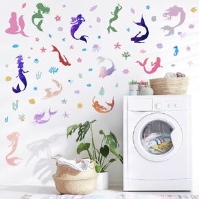 Colorful Mermaid Wall Stickers Underwater Mermaid Wall Decals DIY Ocean Animals Starfish Shell Seaweed Wall Decal for Girls Bedroom Nursery Playroom Bathroom Decor
