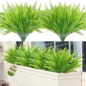 Artificial Outdoor Plants Fake Boston Fern Stems 24 PCS, UV Resistant Greenery Plants Faux Plastic Shrubs for Indoor Outdoor Room Wall Wedding Patio Porch Decor