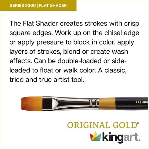 فرشاة فنان من سلسلة تظليل مسطحة من KingART Premium Gold 9300-12، شعر صناعي تاكلون ذهبي، مقبض قصير، للأكريليك والألوان المائية والزيت والغواش، مقاس 12 in Saudi Arabia