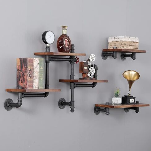 SSS Furniture Industrial Floating Pipe Wall Shelves Rustic Wood Shelving, 5 Layer Pipe Design Bookshelf DIY Shelving for Living Room Bathroom Farmhouse Bar Industrial Decor in Saudi Arabia