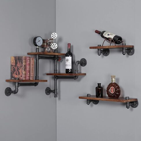 SSS Furniture Industrial Floating Pipe Wall Shelves Rustic Wood Shelving, 5 Layer Pipe Design Bookshelf DIY Shelving for Living Room Bathroom Farmhouse Bar Industrial Decor in Saudi Arabia