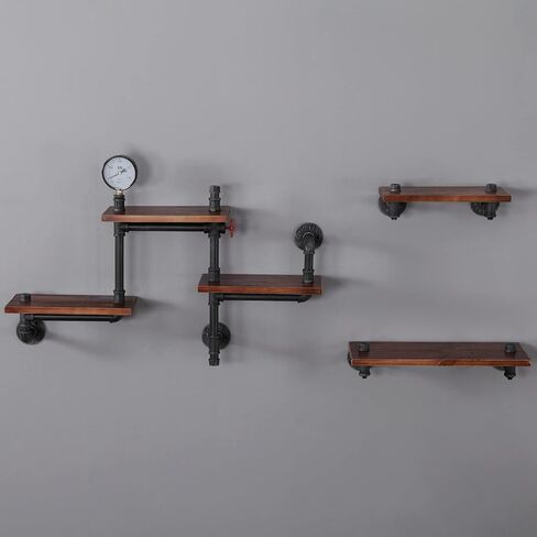 SSS Furniture Industrial Floating Pipe Wall Shelves Rustic Wood Shelving, 5 Layer Pipe Design Bookshelf DIY Shelving for Living Room Bathroom Farmhouse Bar Industrial Decor in Saudi Arabia