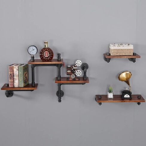 SSS Furniture Industrial Floating Pipe Wall Shelves Rustic Wood Shelving, 5 Layer Pipe Design Bookshelf DIY Shelving for Living Room Bathroom Farmhouse Bar Industrial Decor in Saudi Arabia