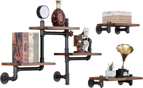SSS Furniture Industrial Floating Pipe Wall Shelves Rustic Wood Shelving, 5 Layer Pipe Design Bookshelf DIY Shelving for Living Room Bathroom Farmhouse Bar Industrial Decor in Saudi Arabia