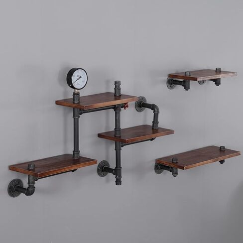 SSS Furniture Industrial Floating Pipe Wall Shelves Rustic Wood Shelving, 5 Layer Pipe Design Bookshelf DIY Shelving for Living Room Bathroom Farmhouse Bar Industrial Decor in Saudi Arabia